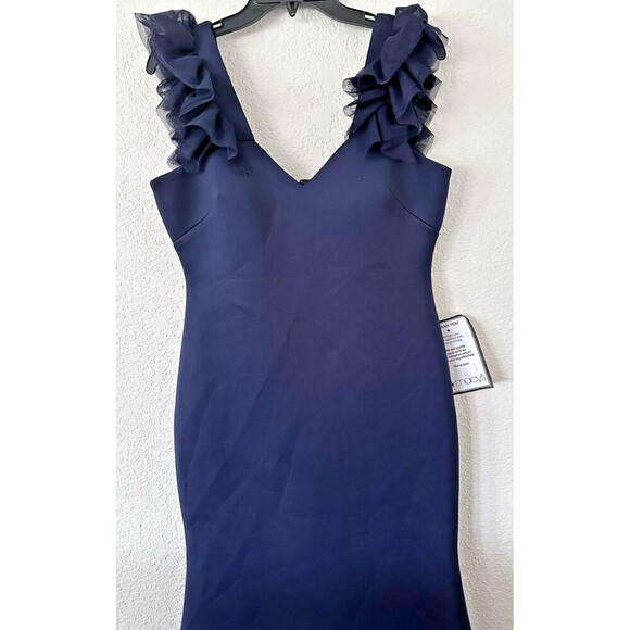 Eliza J Women's Ruffle-Shoulder Mixed-Media V-neck Gown Maxi Dress Navy 12 - Picture 5 of 9